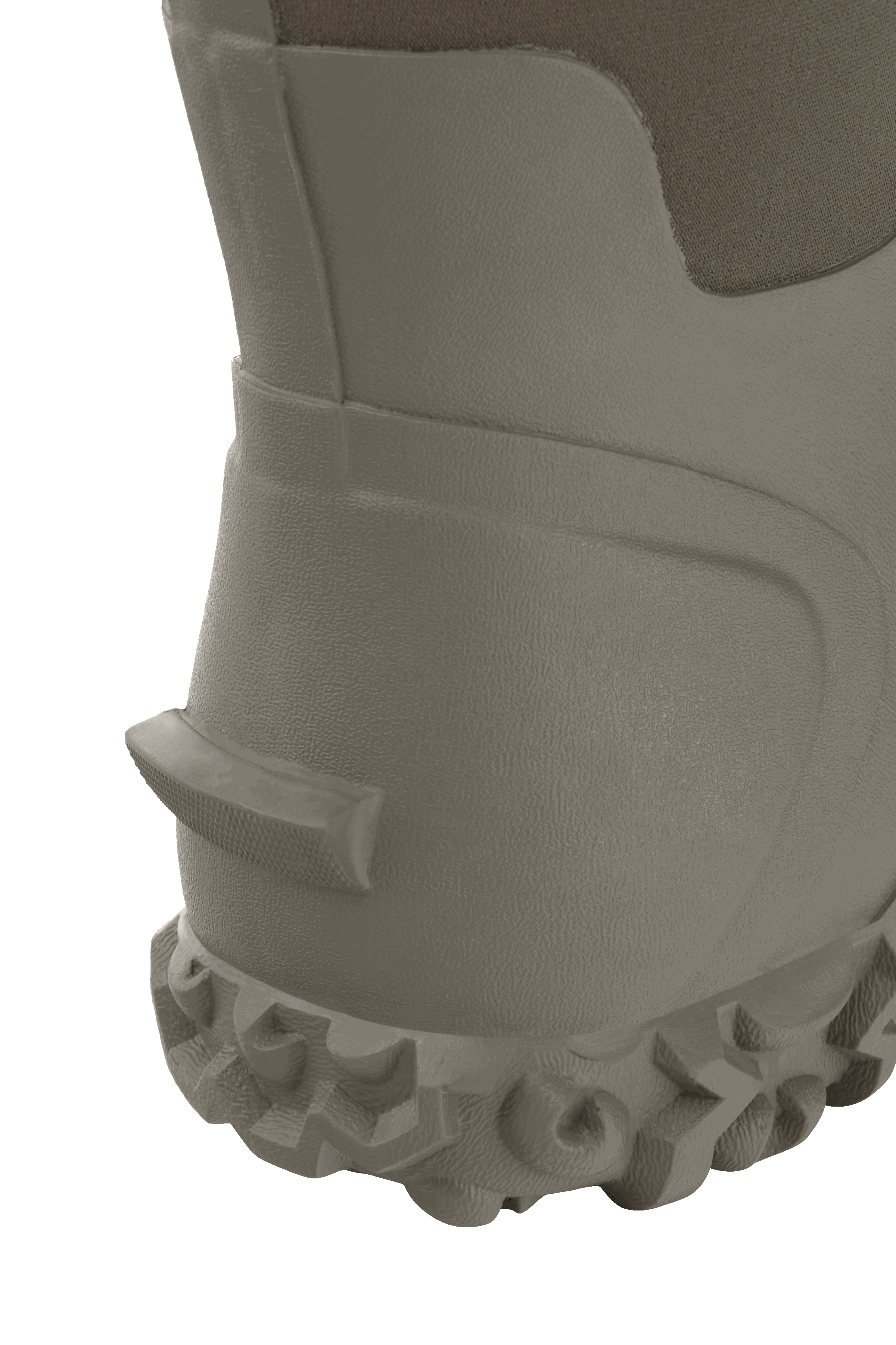 alt="Close-up of Trudave AquaGrip Series men’s waterproof mid-calf rubber work boots in olive green showing heel bump detail for easy on-off use, traction, and durability in garden or farm work"